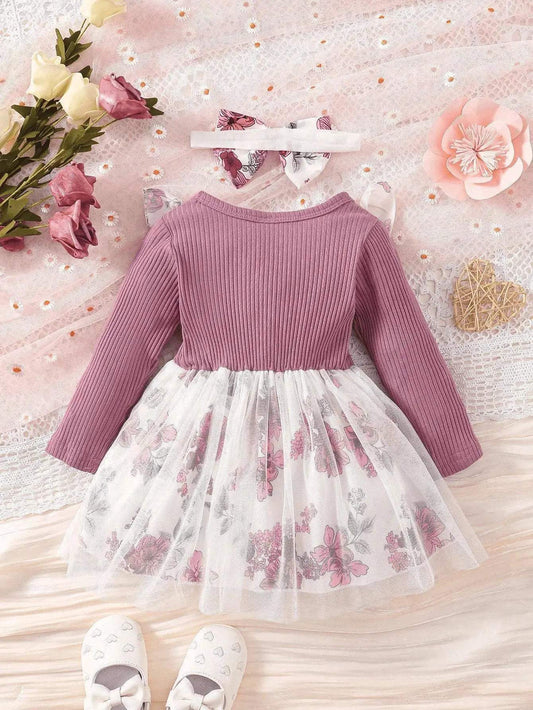  Baby Girl Long Sleeve Dress Purple Printed Soft Cotton -  ToylandEU™