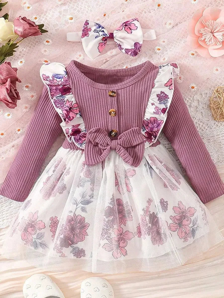 Baby Girl Long Sleeve Purple Printed Cotton Dress Comfort - ToylandEU