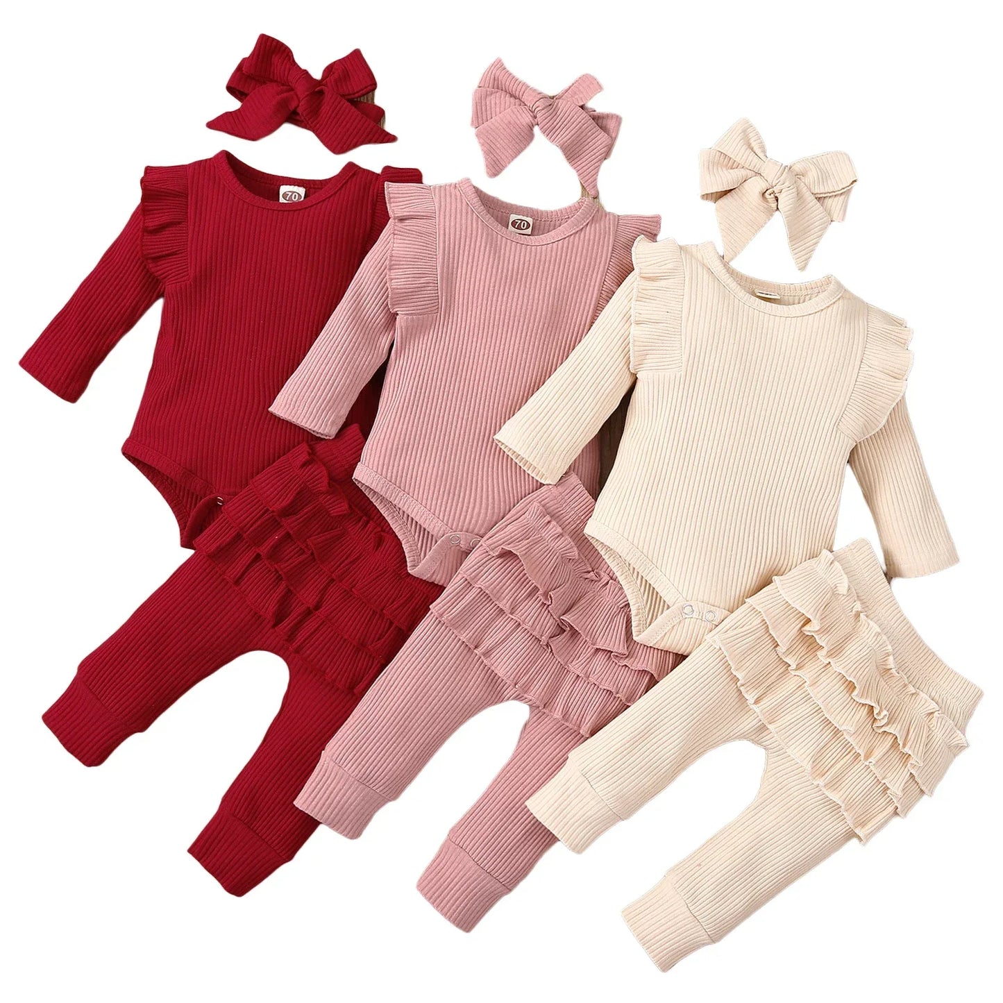 Baby Girl Outfit Set Soft Cotton Bodysuit Pants Headband Lace - ToylandEU
