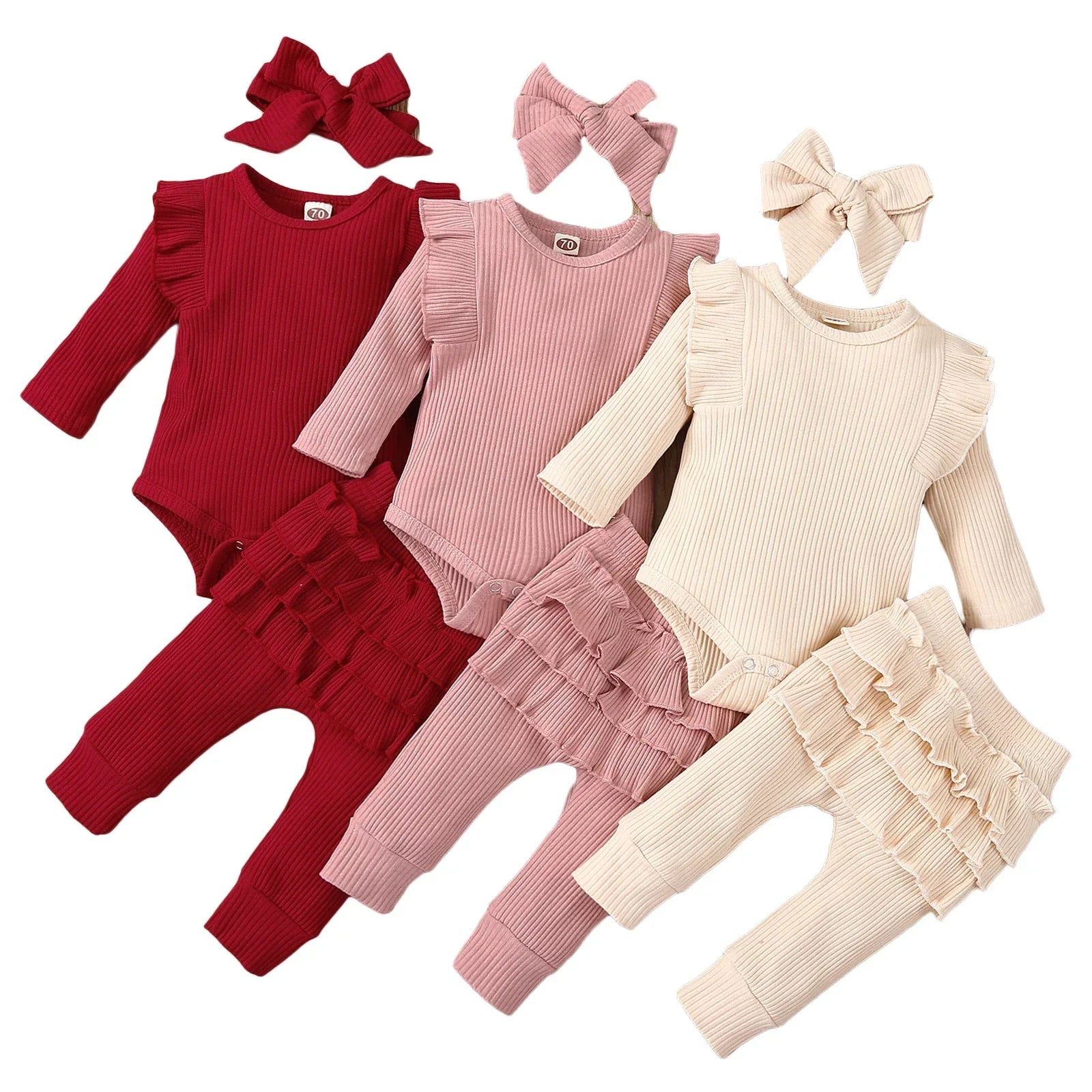Baby Girl Outfit Set Soft Cotton Bodysuit Pants Headband Lace - ToylandEU