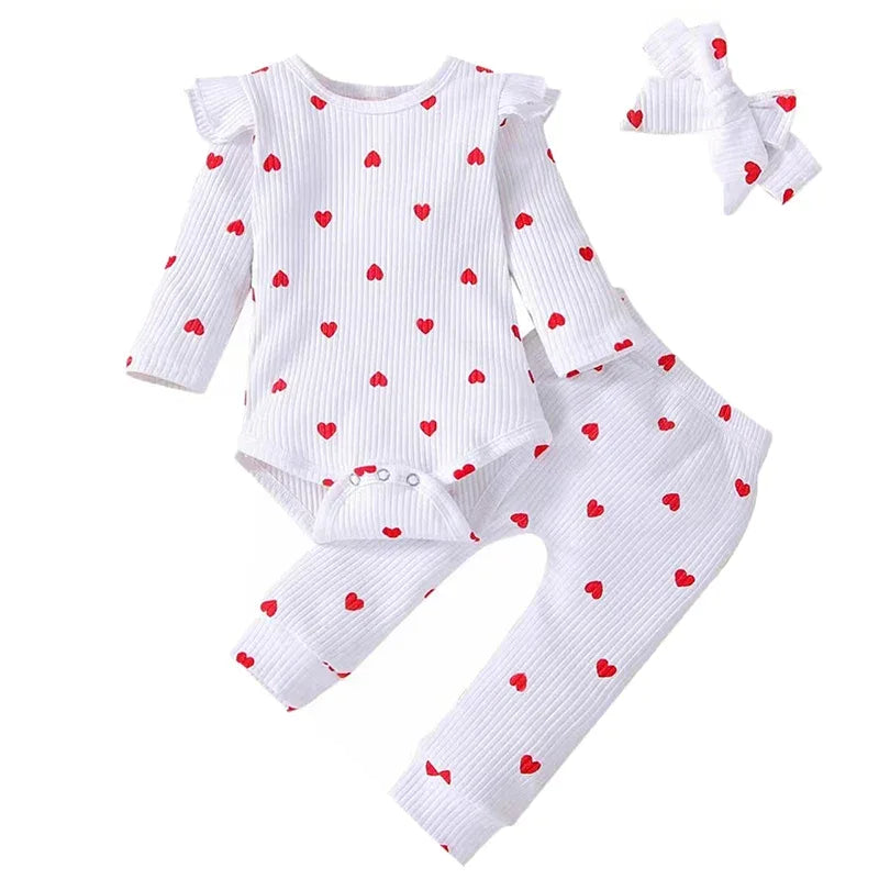 Baby Girl Outfit Set Soft Cotton Bodysuit Pants Headband Lace - ToylandEU