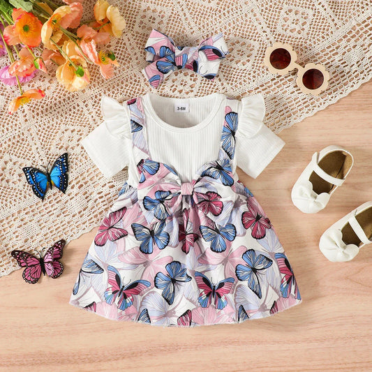 Baby Girl Summer Dress Set With Butterfly Print Headband - ToylandEU