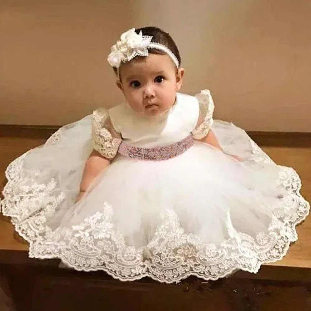 Baby Girls Dress With Sequined Bow for Baptism Birthday Wedding - ToylandEU
