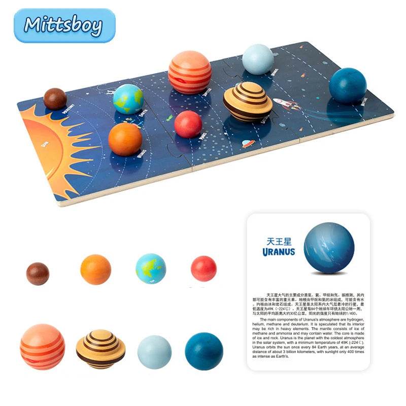 Baby Montessori Wooden Early Education Toys 3D Eight Planets Puzzle Universe Cognition Solar System Planet Matching Board - ToylandEU