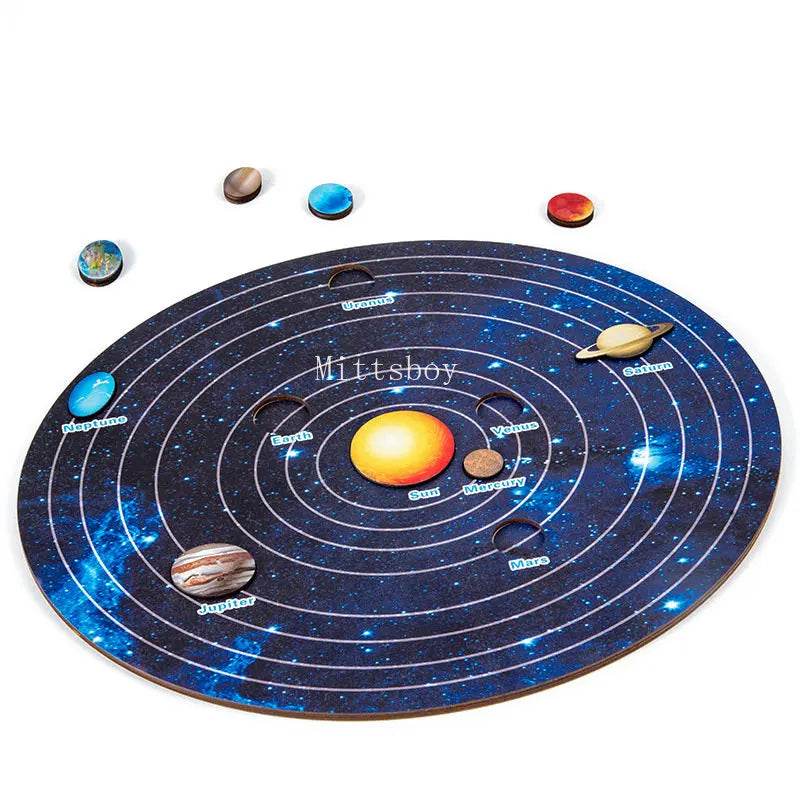Baby Montessori Wooden Early Education Toys 3D Eight Planets Puzzle Universe Cognition Solar System Planet Matching Board - ToylandEU