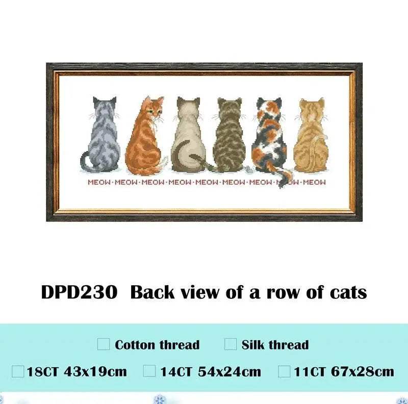 Back view of a row of cats cross embroidery kit cartoon pattern design 18ct 14ct 11ct unprint canvas Cross-stitch DIY needlework - ToylandEU