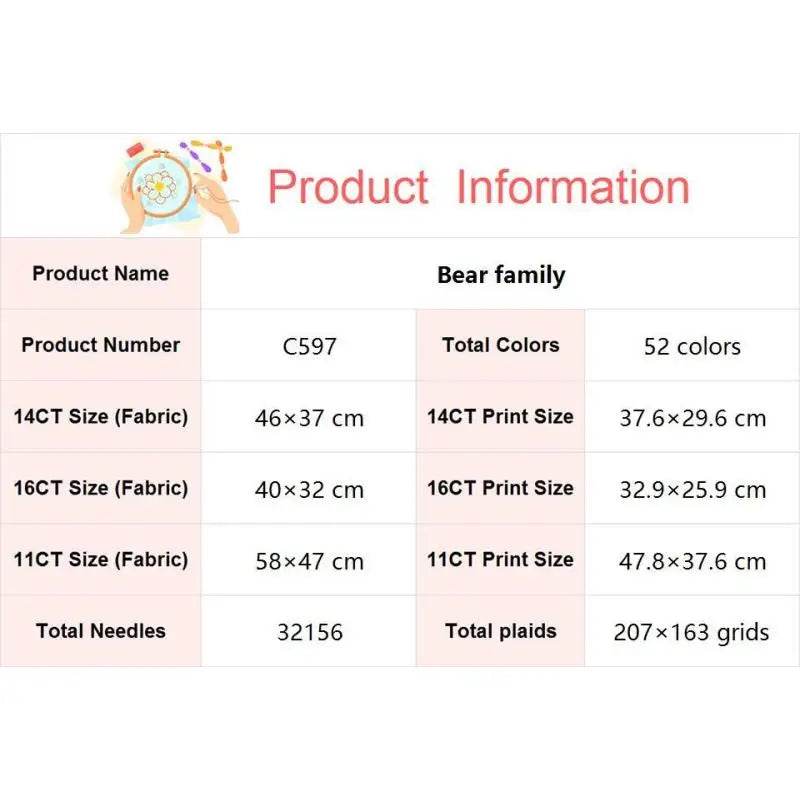 Bear Family Cartoon Cross Stitch DIY Embroidery Kit with Aida Fabric and Sewing Accessories - ToylandEU