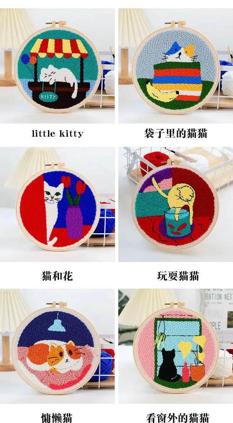  Beginner Cat & Floral Punch Needle Kit - Adjustable Embroidery Pen, Hoop, and Craft Supplies for Kids and Adults -  ToylandEU™