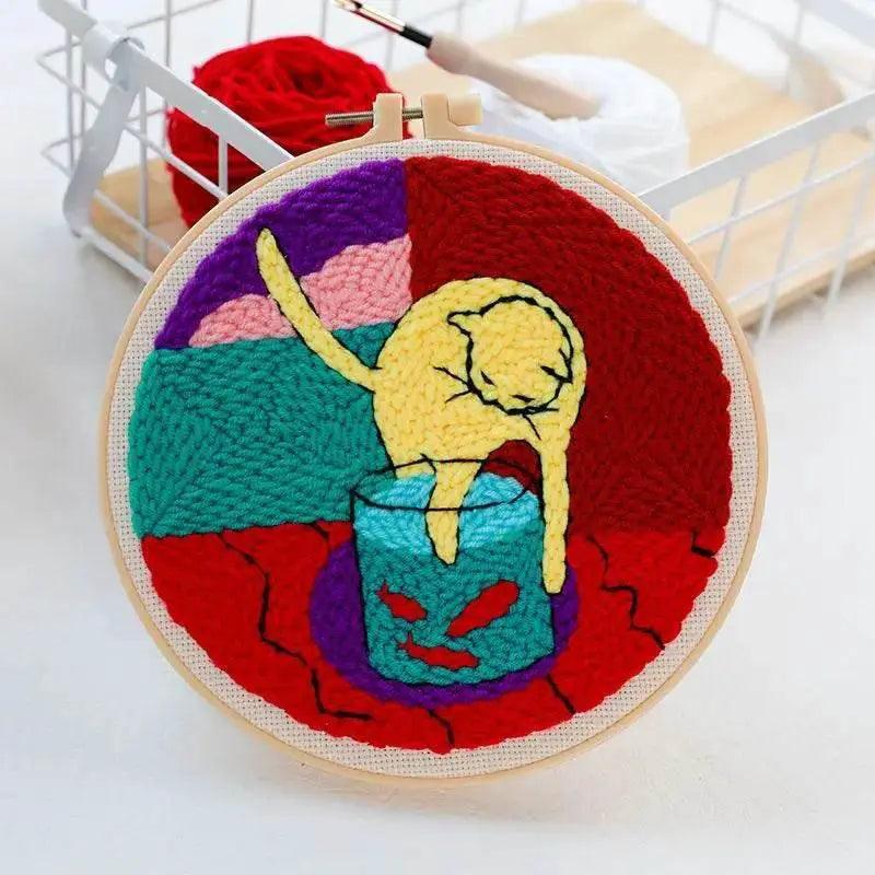  Beginner Cat & Floral Punch Needle Kit - Adjustable Embroidery Pen, Hoop, and Craft Supplies for Kids and Adults -  ToylandEU™