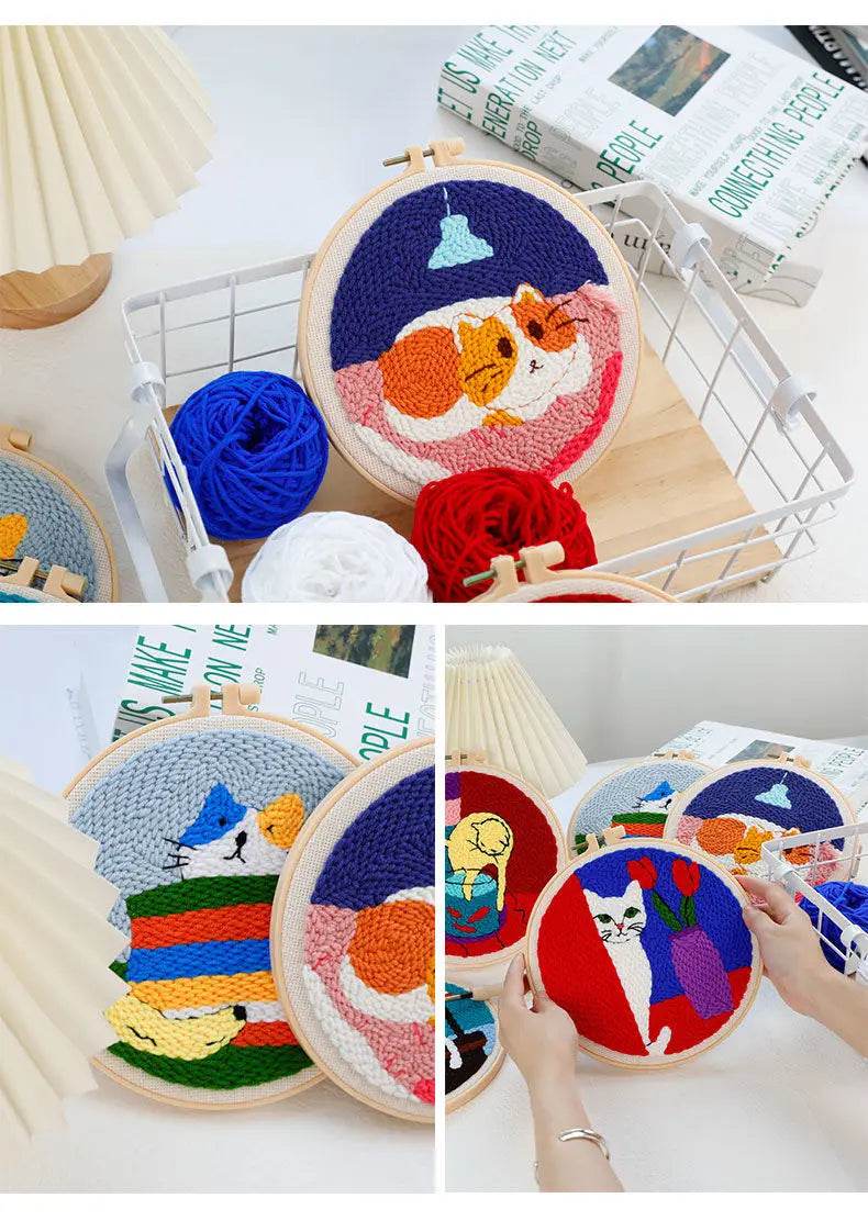 Beginner Cat & Floral Punch Needle Kit - Adjustable Embroidery Pen, Hoop, and Craft Supplies for Kids and Adults - ToylandEU