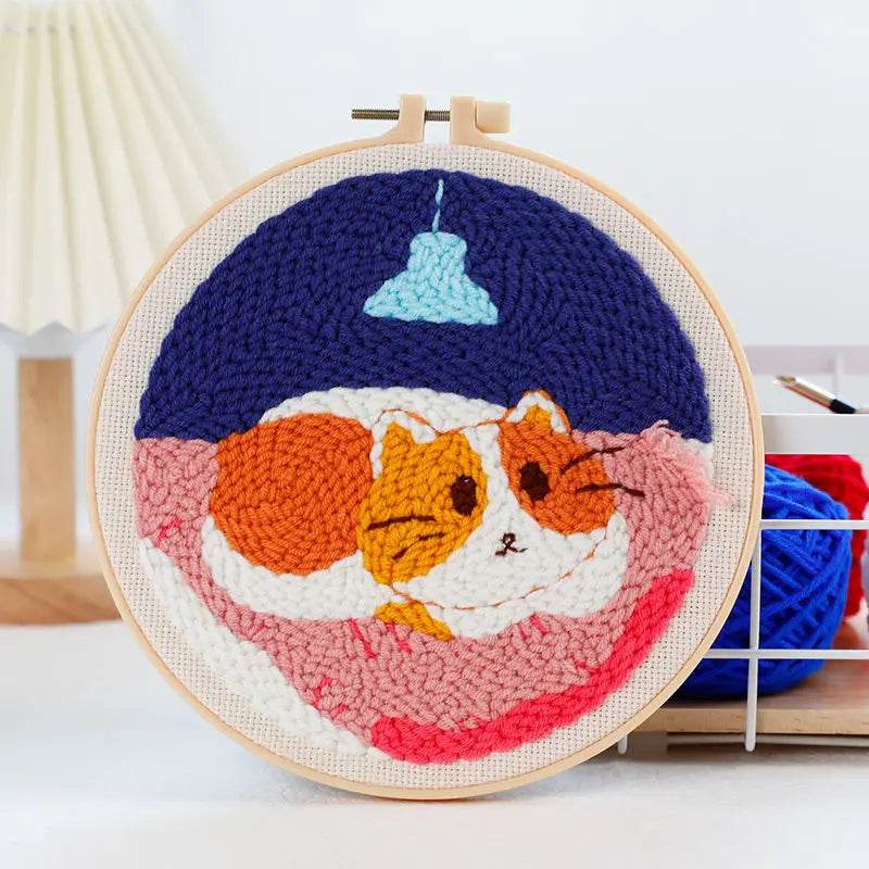 Beginner Cat & Floral Punch Needle Kit - Adjustable Embroidery Pen, Hoop, and Craft Supplies for Kids and Adults - ToylandEU