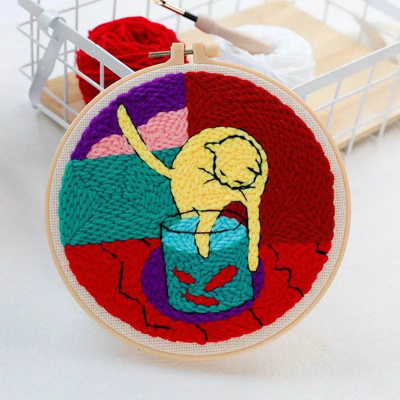 Beginner Cat & Floral Punch Needle Kit - Adjustable Embroidery Pen, Hoop, and Craft Supplies for Kids and Adults - ToylandEU