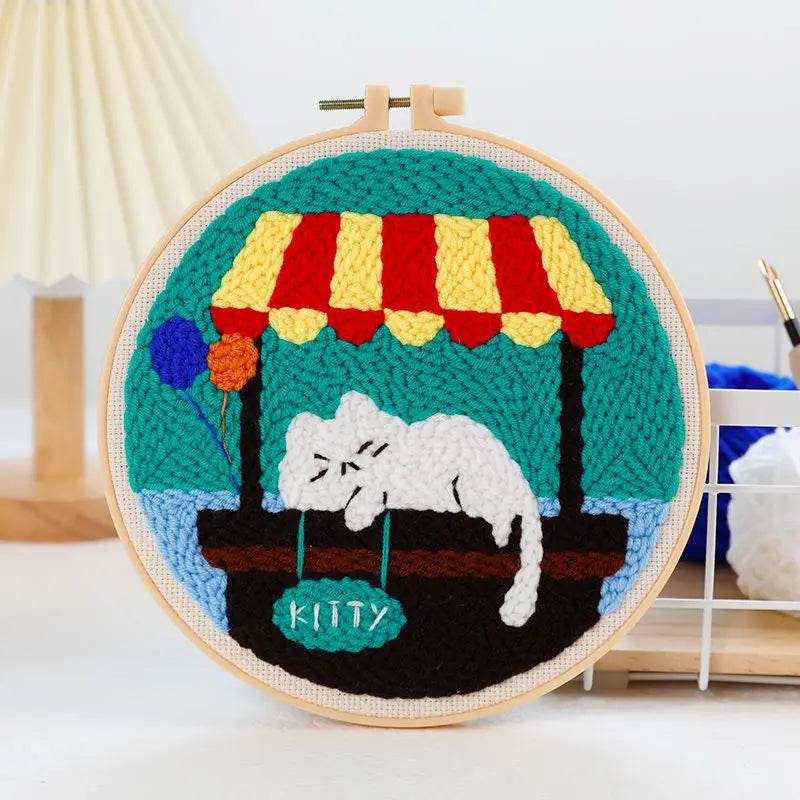 Beginner Cat & Floral Punch Needle Kit - Adjustable Embroidery Pen, Hoop, and Craft Supplies for Kids and Adults - ToylandEU