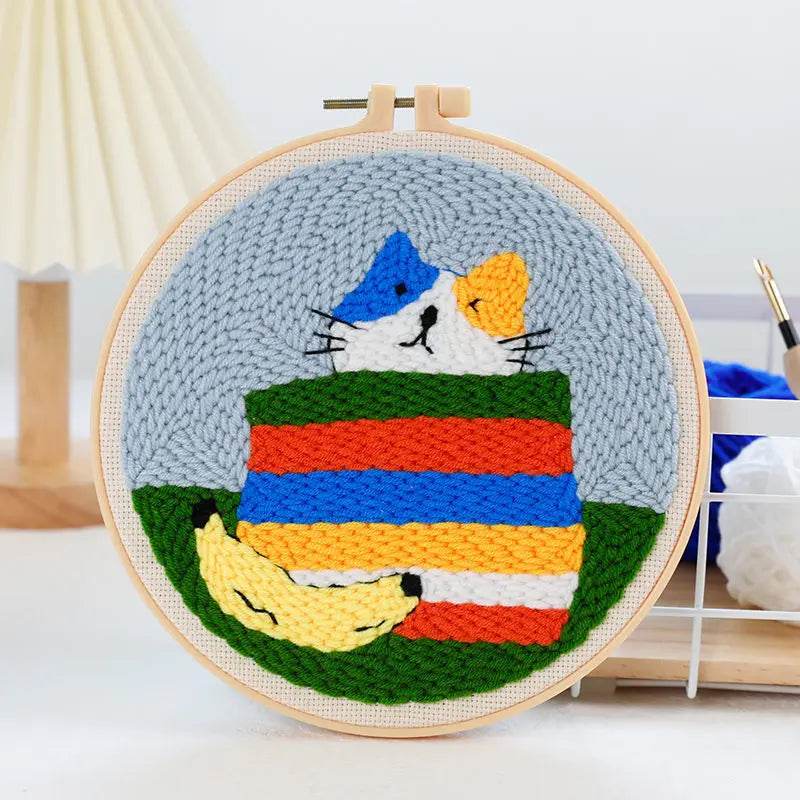 Beginner Cat & Floral Punch Needle Kit - Adjustable Embroidery Pen, Hoop, and Craft Supplies for Kids and Adults - ToylandEU