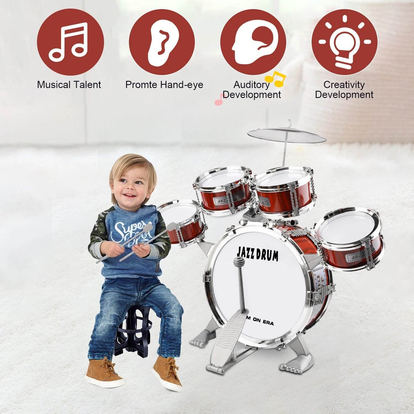 Beginner's 5-Piece Junior Drum Set with Stool & Cymbal for Kids 3-14 - ToylandEU
