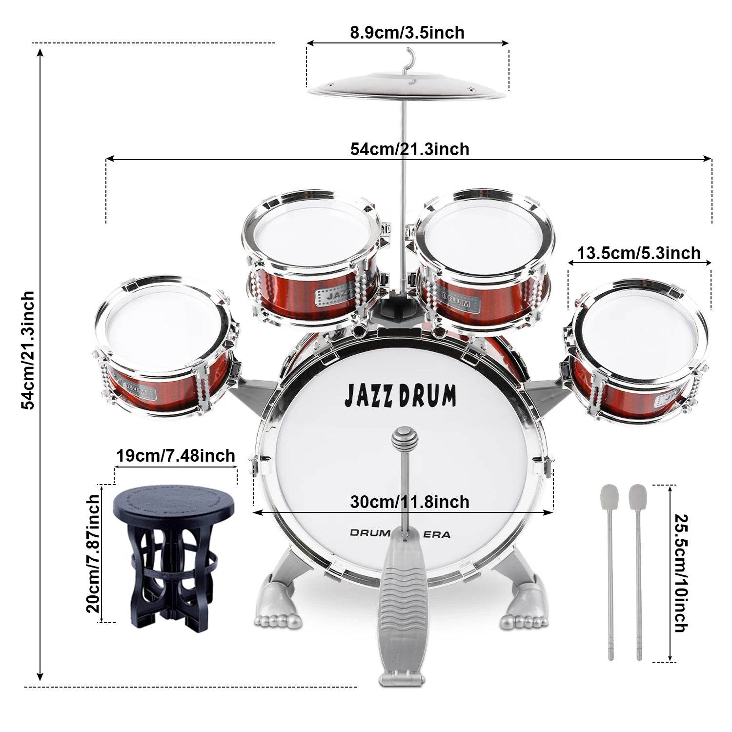 Beginner's 5-Piece Junior Drum Set with Stool & Cymbal for Kids 3-14 - ToylandEU