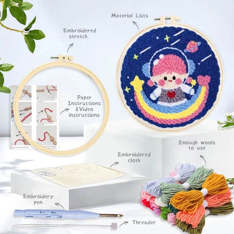 Beginner's Punch Needle Embroidery Kit - 20x20cm DIY Craft with Hoops and Animal Patterns - ToylandEU