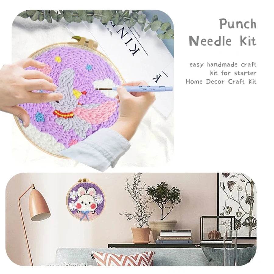 Beginner's Punch Needle Embroidery Kit - 20x20cm DIY Craft with Hoops and Animal Patterns - ToylandEU