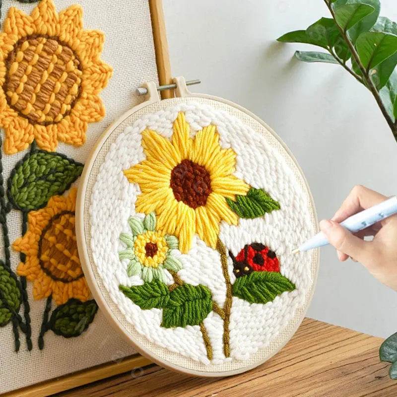 Beginner's Punch Needle Embroidery Kit with Sunflower Design - Complete Rug Making Set with Stamped Fabric, Yarn, and Hoop - ToylandEU