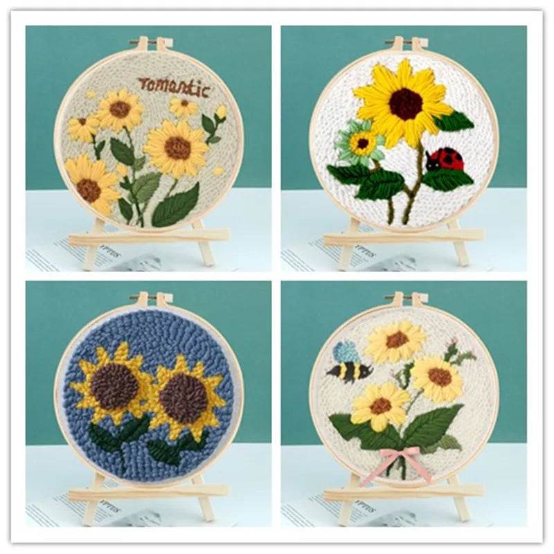 Beginner's Punch Needle Embroidery Kit with Sunflower Design - Complete Rug Making Set with Stamped Fabric, Yarn, and Hoop - ToylandEU