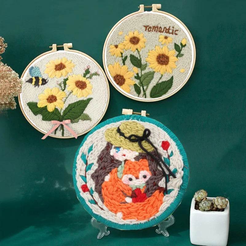 Beginner's Punch Needle Embroidery Kit with Sunflower Design - Complete Rug Making Set with Stamped Fabric, Yarn, and Hoop - ToylandEU
