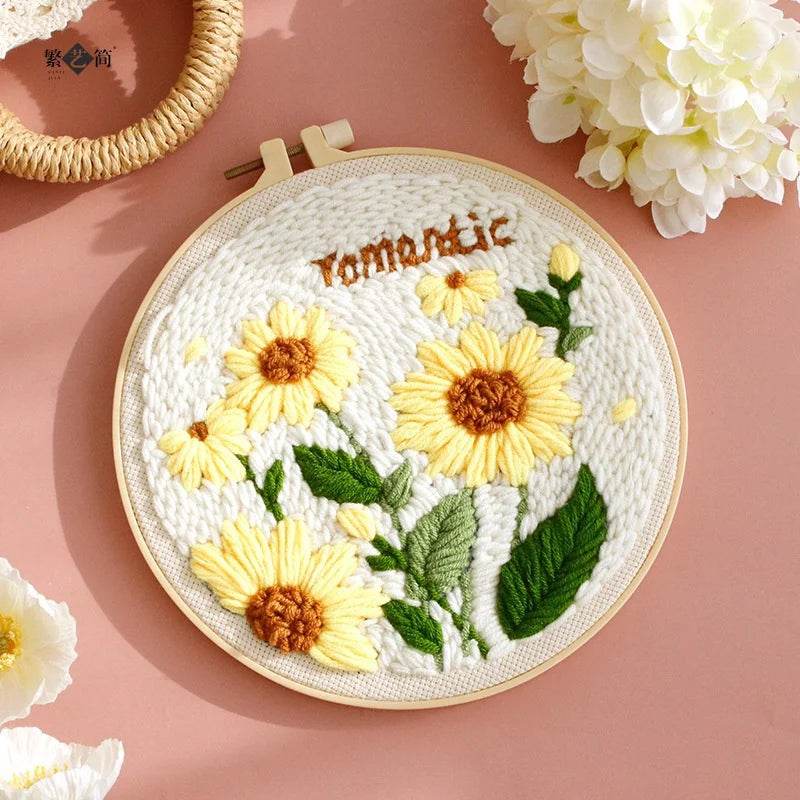 Beginner's Punch Needle Embroidery Kit with Sunflower Design - Complete Rug Making Set with Stamped Fabric, Yarn, and Hoop - ToylandEU