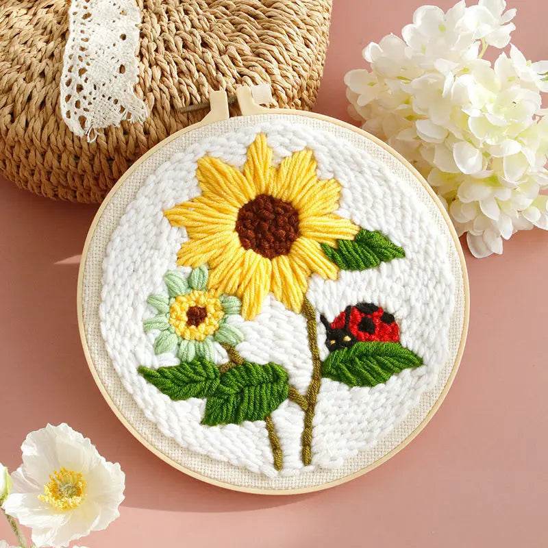 Beginner's Punch Needle Embroidery Kit with Sunflower Design - Complete Rug Making Set with Stamped Fabric, Yarn, and Hoop - ToylandEU