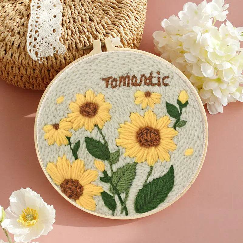 Beginner's Punch Needle Embroidery Kit with Sunflower Design - Complete Rug Making Set with Stamped Fabric, Yarn, and Hoop - ToylandEU
