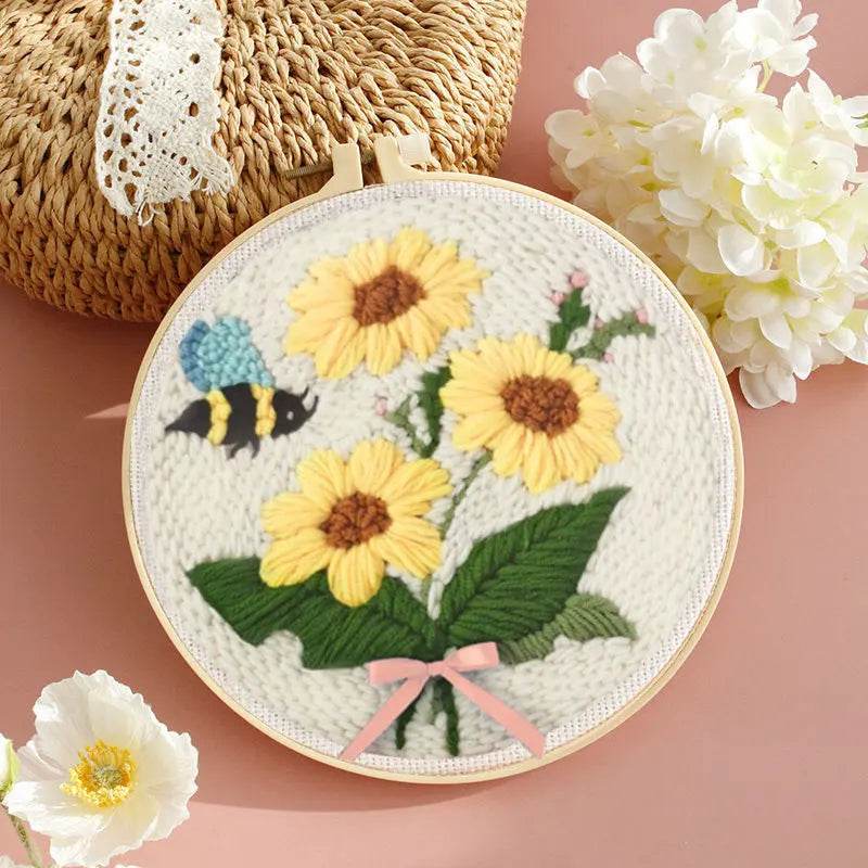 Beginner's Punch Needle Embroidery Kit with Sunflower Design - Complete Rug Making Set with Stamped Fabric, Yarn, and Hoop - ToylandEU