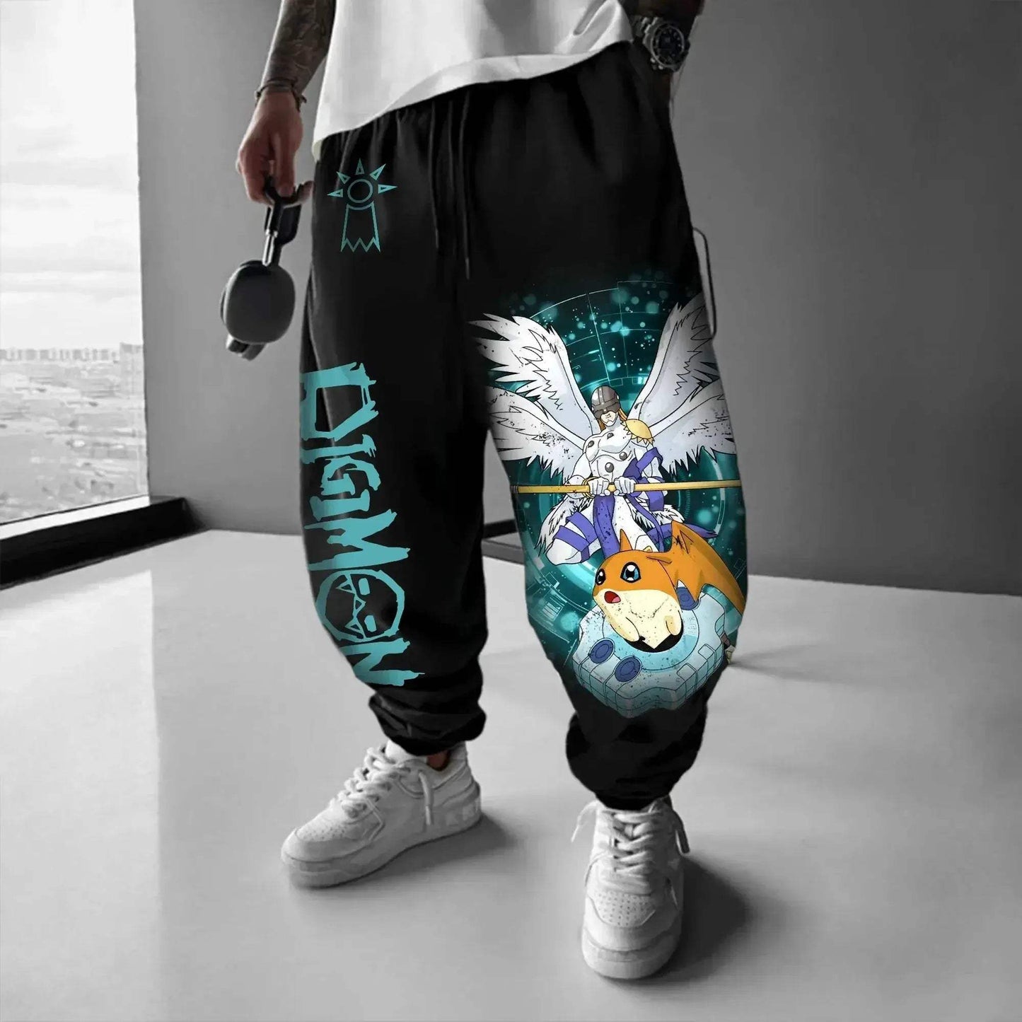 Black Digimon Anime Joggers With Angelmon Patamon Print Loose Fit - ToylandEU