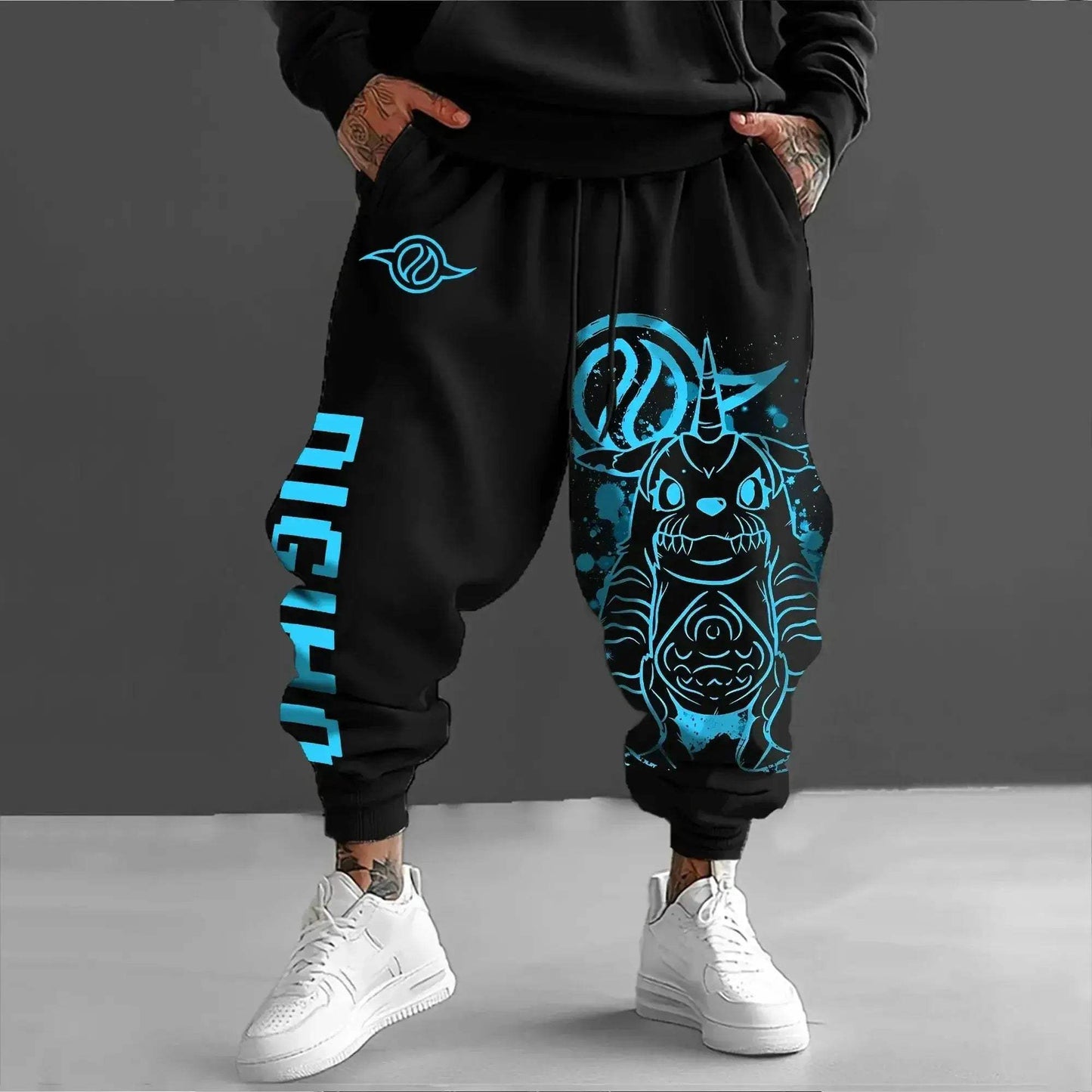 Black Digimon Anime Joggers With Angelmon Patamon Print Loose Fit - ToylandEU