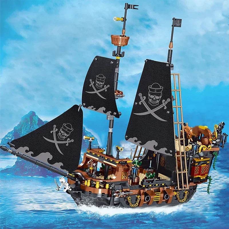 Black Pirate Ship Building Blocks Ghost Boat Model Assembly - ToylandEU