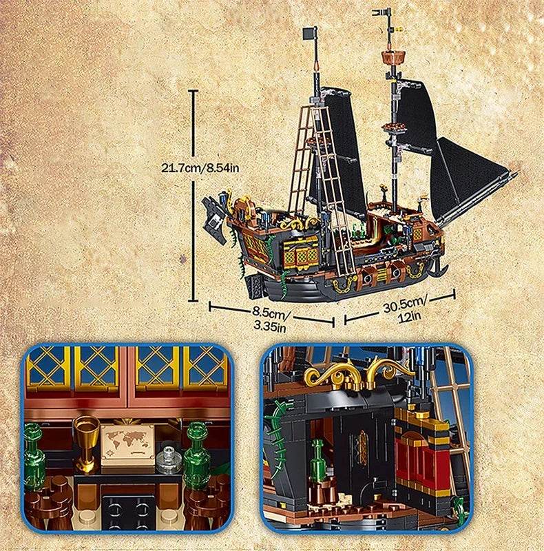Black Pirate Ship Building Blocks Ghost Boat Model Assembly - ToylandEU