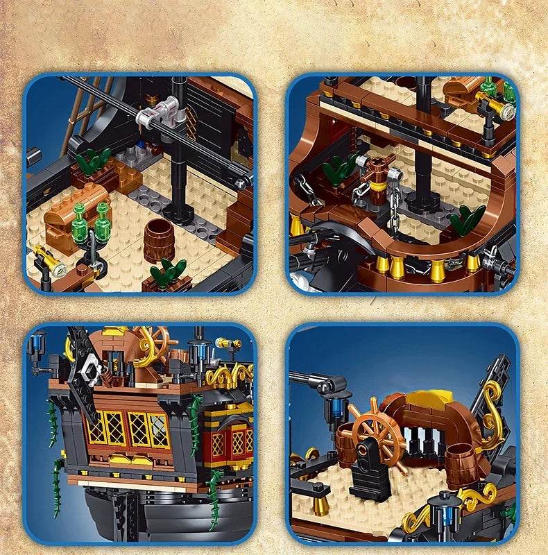 Black Pirate Ship Building Blocks Ghost Boat Model Assembly - ToylandEU
