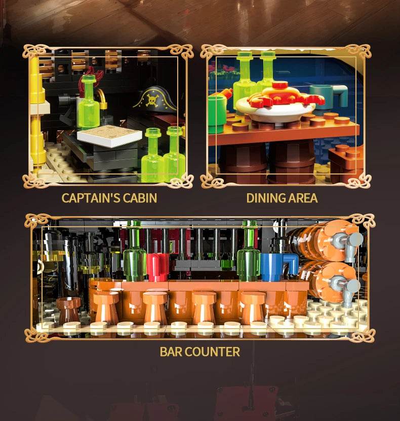 Black Pirate Ship Building Blocks Ghost Boat Model Assembly - ToylandEU