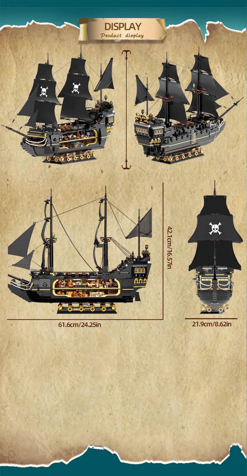 Black Pirate Ship Building Blocks Ghost Boat Model Assembly - ToylandEU