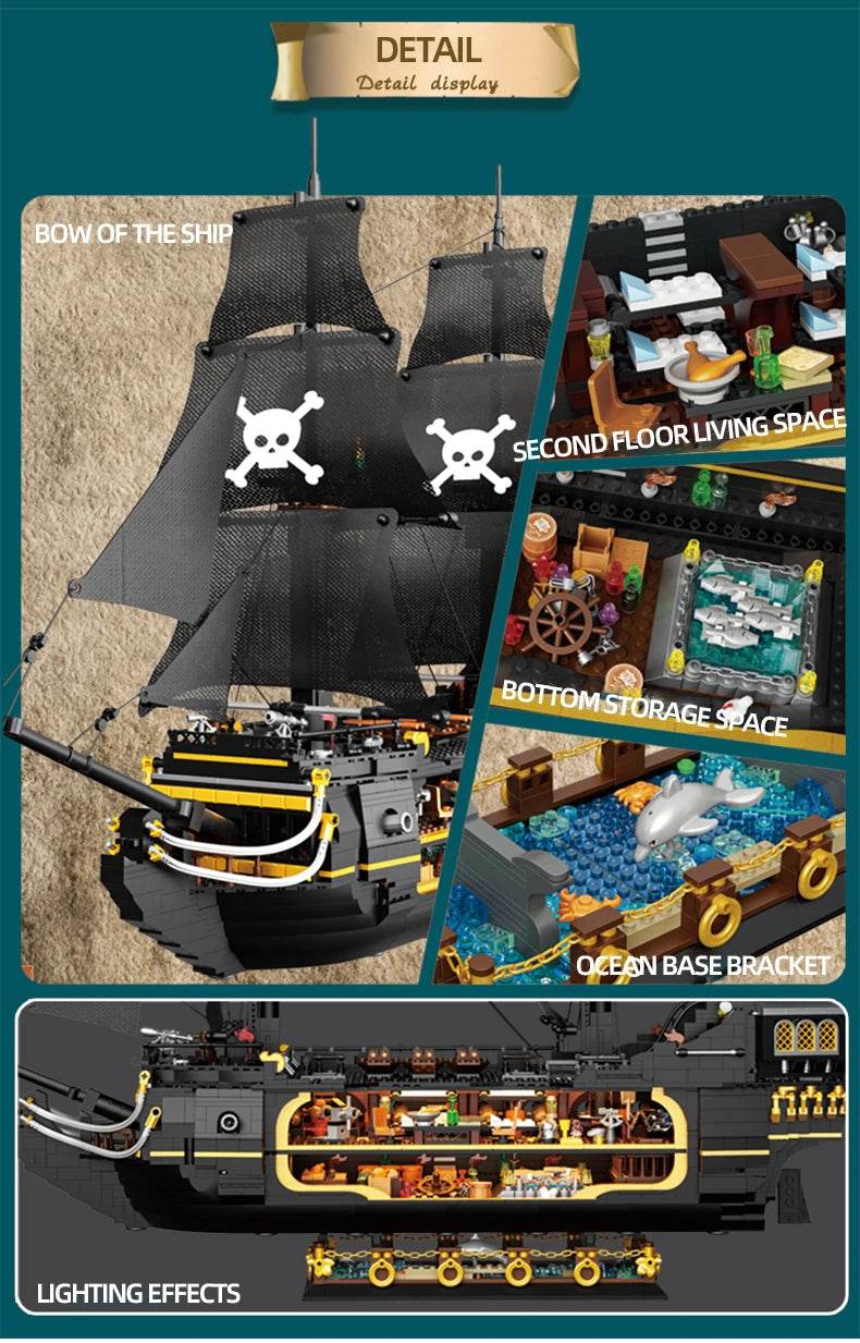 Black Pirate Ship Building Blocks Ghost Boat Model Assembly - ToylandEU