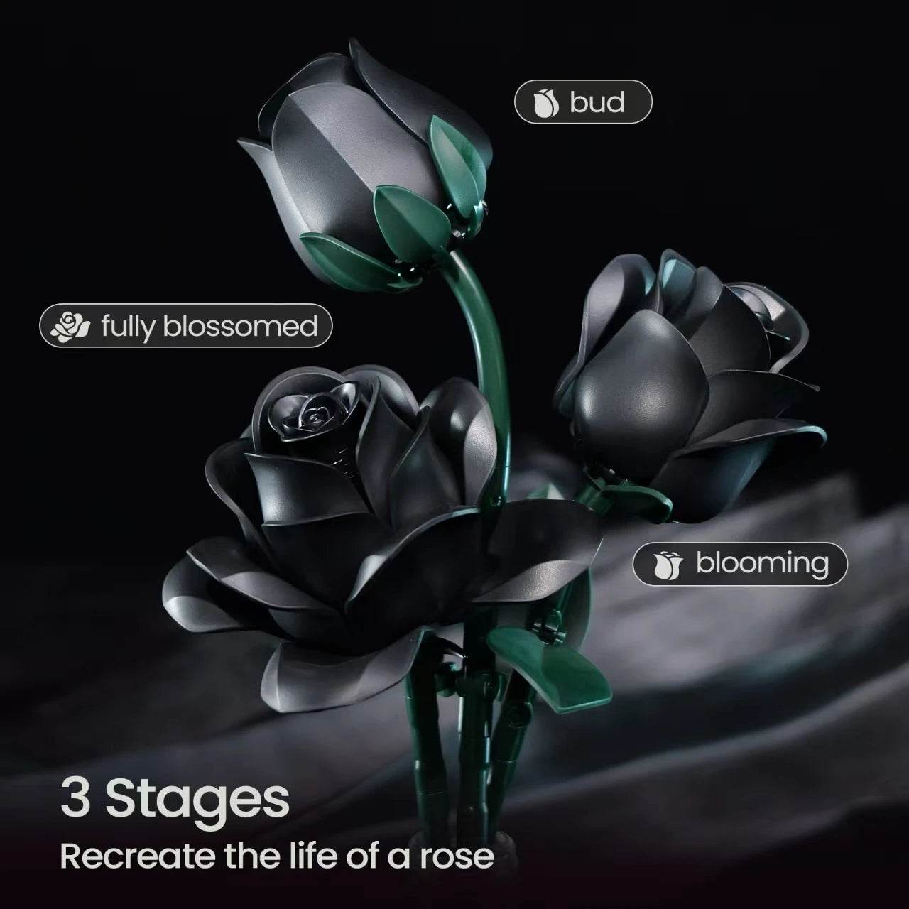 Black Rose Bouquet Building Blocks Set Simulated Flowers - ToylandEU