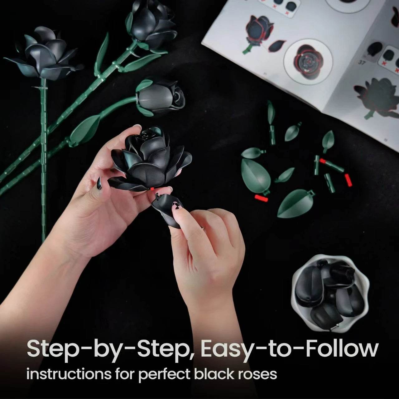 Black Rose Bouquet Building Blocks Set Simulated Flowers - ToylandEU