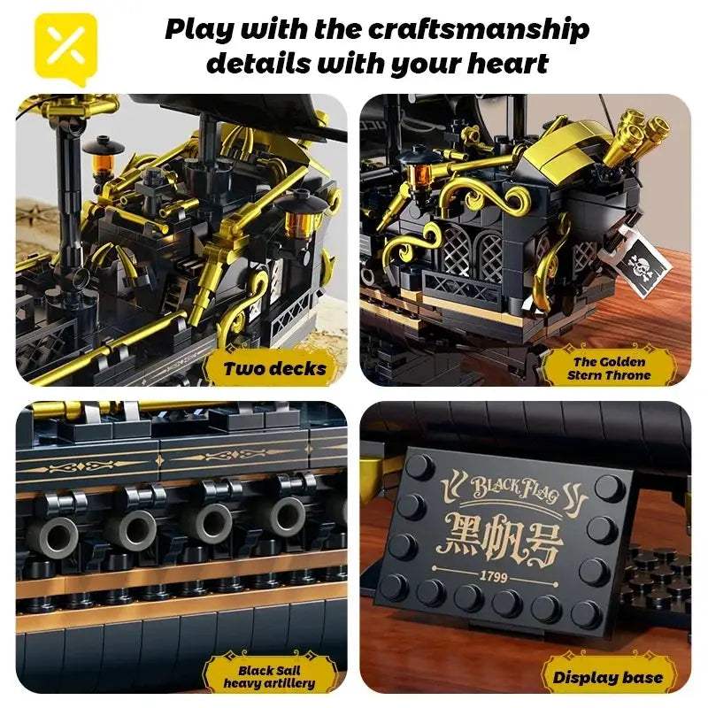 Black Sail Pirate Ship Building Blocks 3-Masted Sailboat Bricks Adult Collectible DIY Assembly Model Display Decoration Toy Gift - ToylandEU