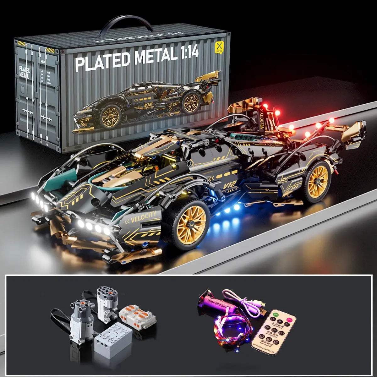 Black V12 Block Roadster RC Tech Racer 1:14DIY Roadster building block assembly Block car toy birthday gift - ToylandEU