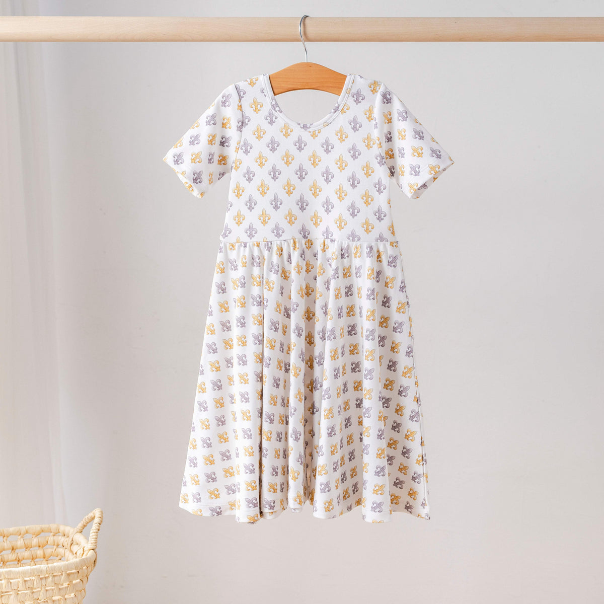 Girls Cotton Twirl Dress | Organic Cotton Fabric | Fleur De Lis Print | Youth