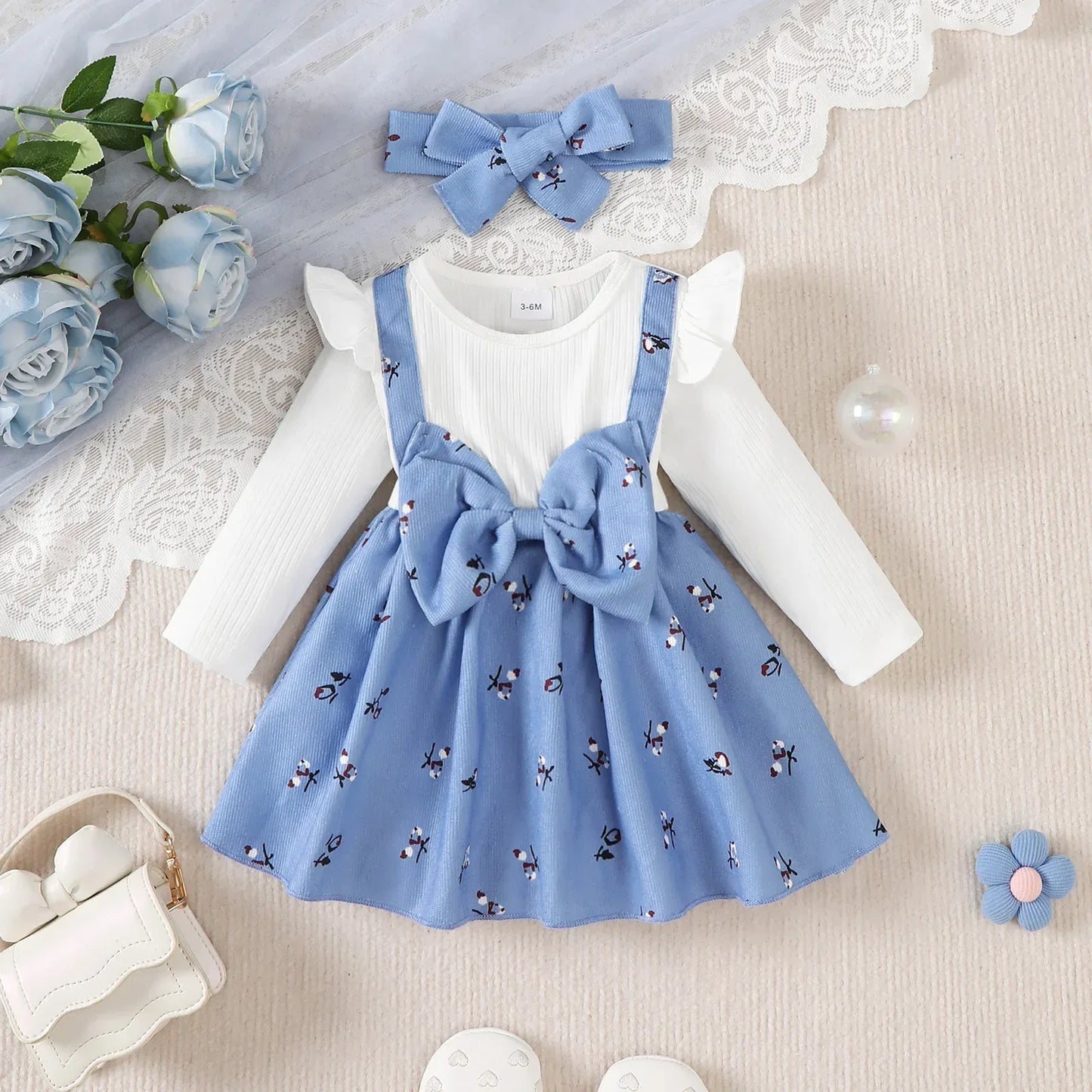 Blue Bow Soft Crushed Fabric Long Sleeve Baby Dress - ToylandEU