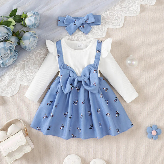Blue Bow Soft Crushed Fabric Long Sleeve Baby Dress - ToylandEU