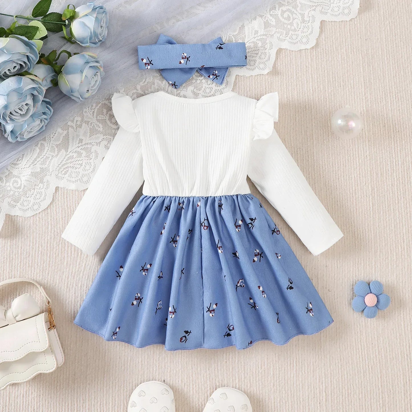 Blue Bow Soft Crushed Fabric Long Sleeve Baby Dress - ToylandEU