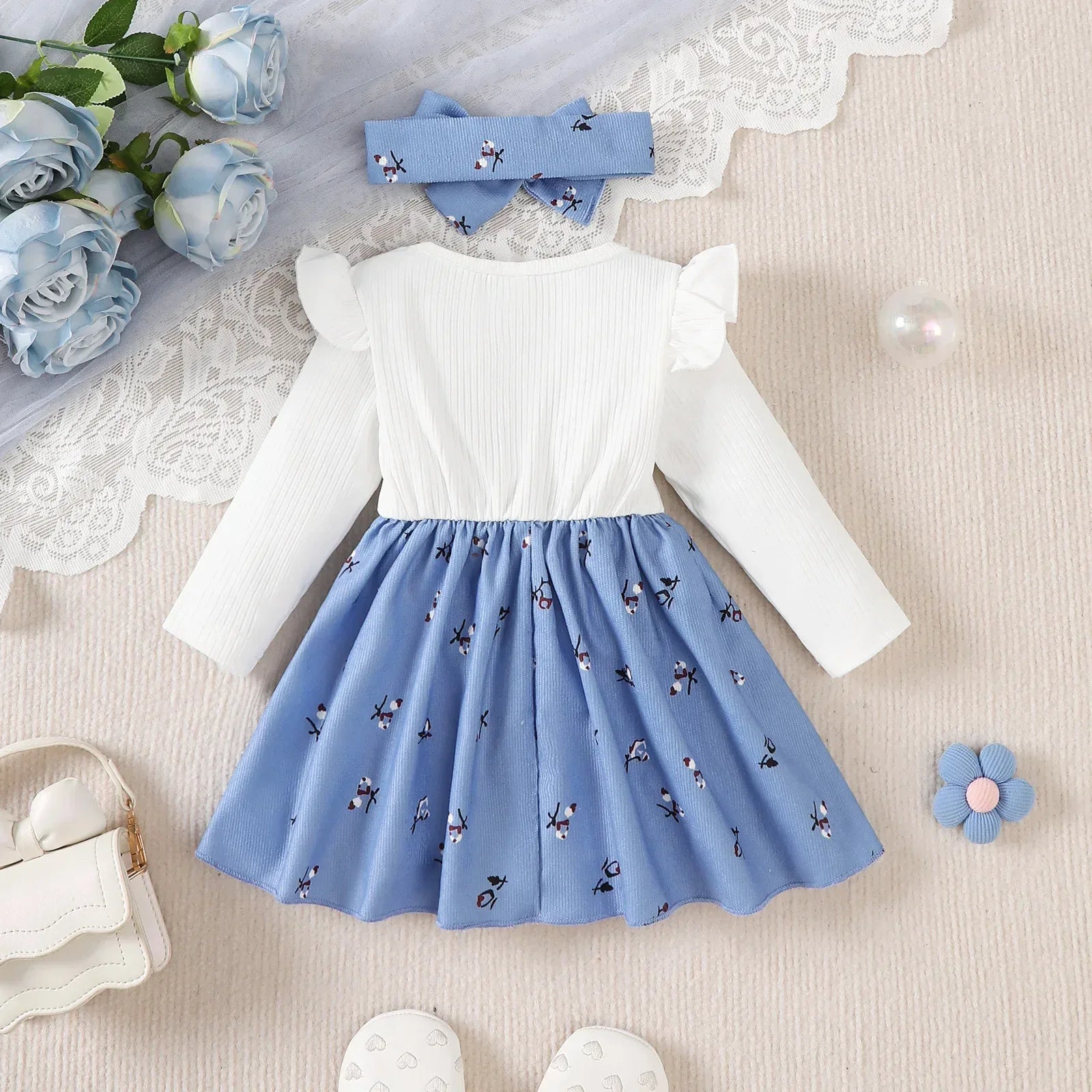 Blue Bow Soft Crushed Fabric Long Sleeve Baby Dress - ToylandEU