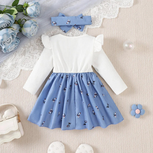Blue Bow Soft Crushed Fabric Long Sleeve Baby Dress - ToylandEU