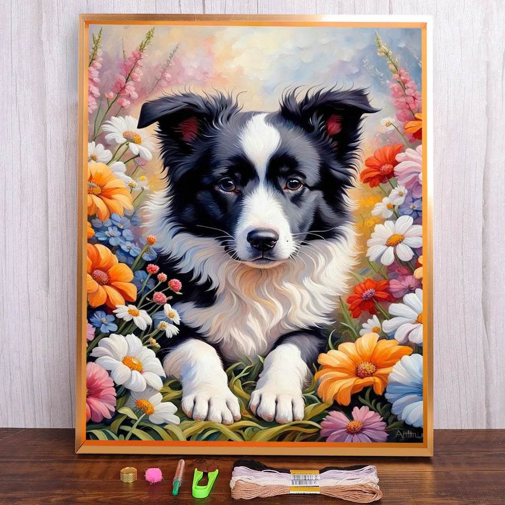 Border Collie Hund Kreuzstich DIY Stickset - Komplettes Handarbeitsset - ToylandEU