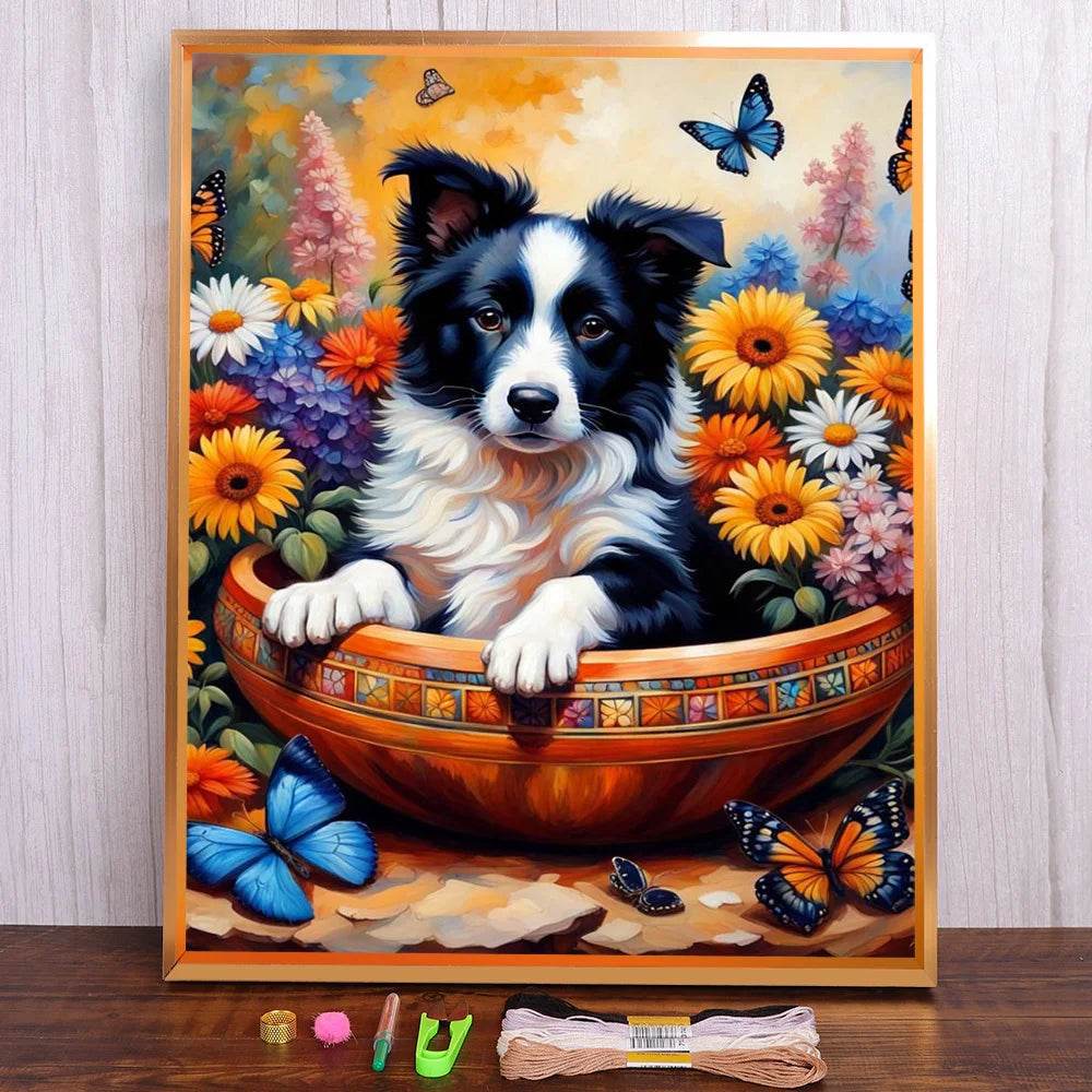 Border Collie Hund Kreuzstich DIY Stickset - Komplettes Handarbeitsset - ToylandEU