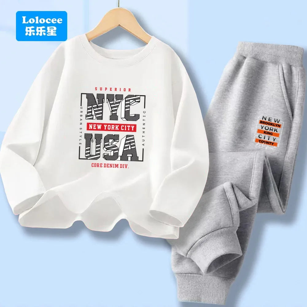 Boys 2-Piece Cotton Polyester Long-Sleeve Top and Pants Set New York Print 7-13Y - ToylandEU